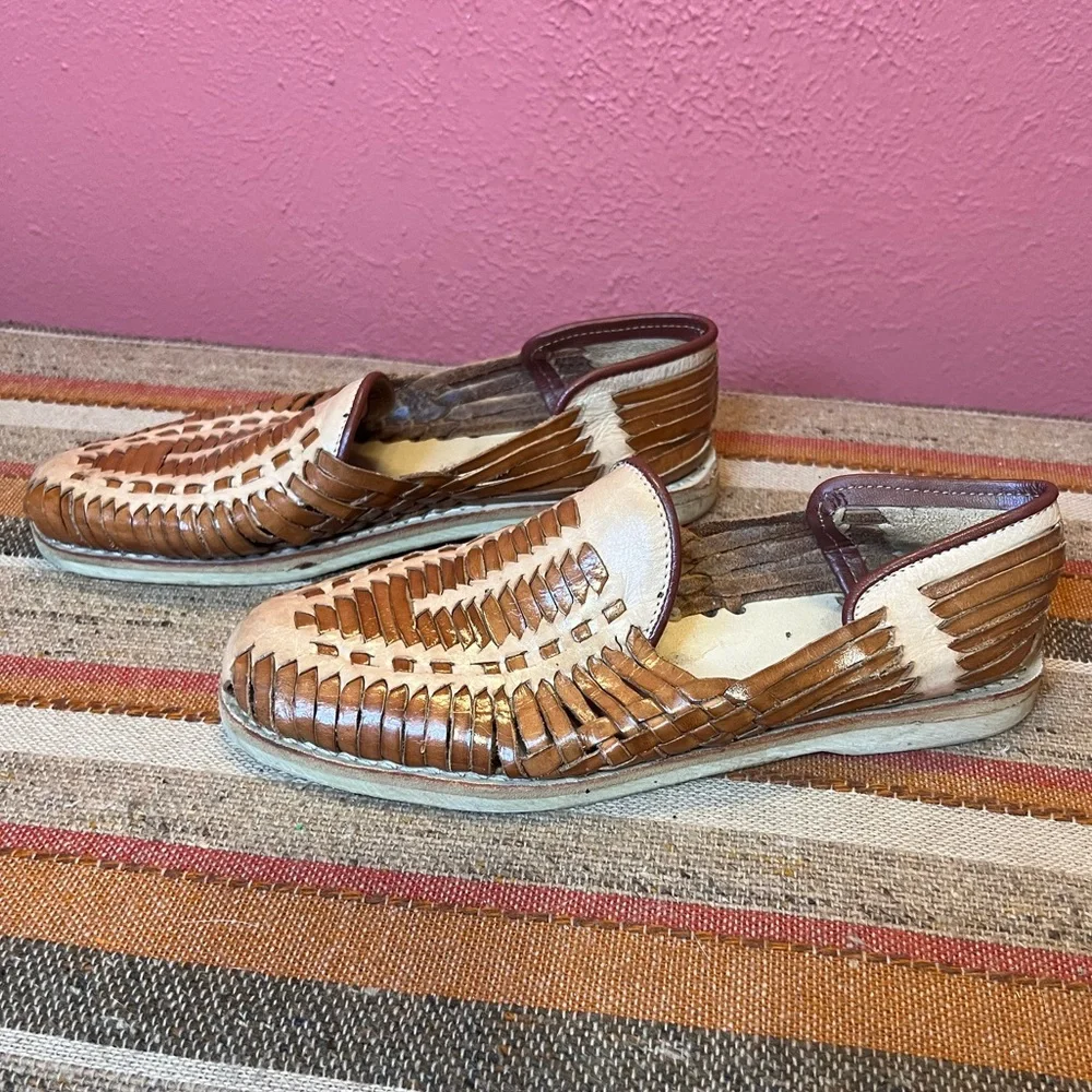 Men's Tan & Cream Woven Leather Slip-On Loafers